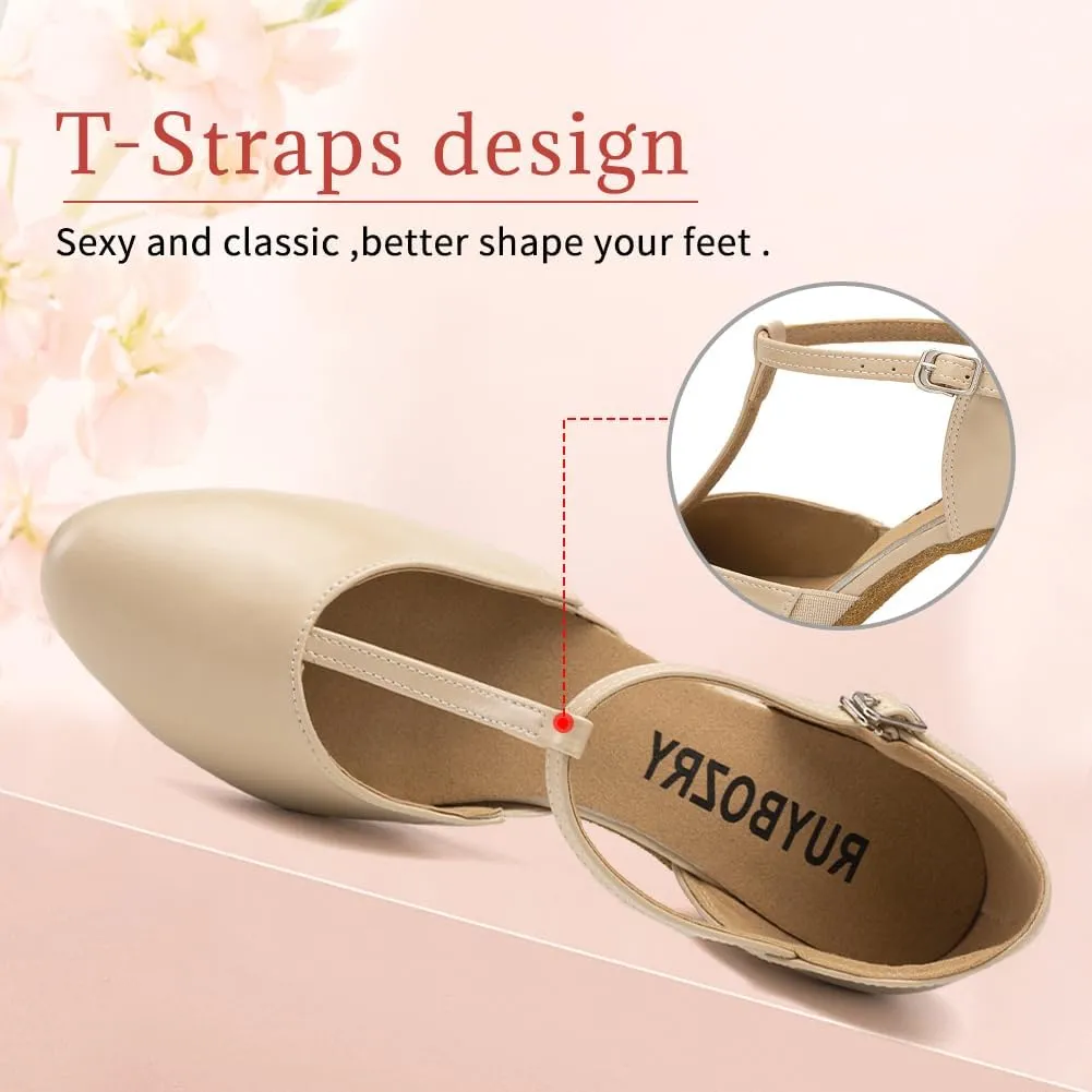 Character Shoes for Women T-Strap Closed Toe Latin Salsa Tango Standard Ballroom Dance Shoes,Model D29-Suede Sole-2.33Heel