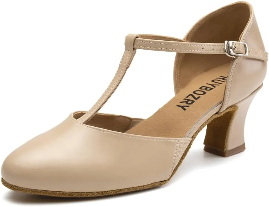 Character Shoes for Women T-Strap Closed Toe Latin Salsa Tango Standard Ballroom Dance Shoes,Model D29-Suede Sole-2.33Heel