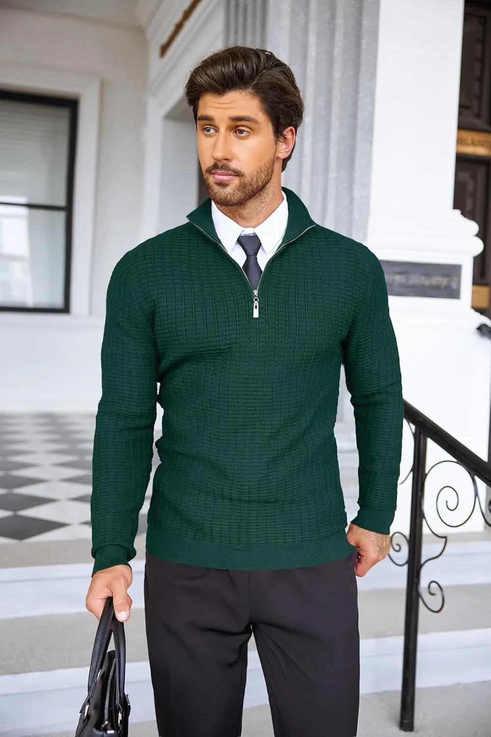 COOFANDY Men's Quarter Zip Sweaters Slim Fit Lightweight Cotton Knitted Casual Mock Neck Pullover Sweaters