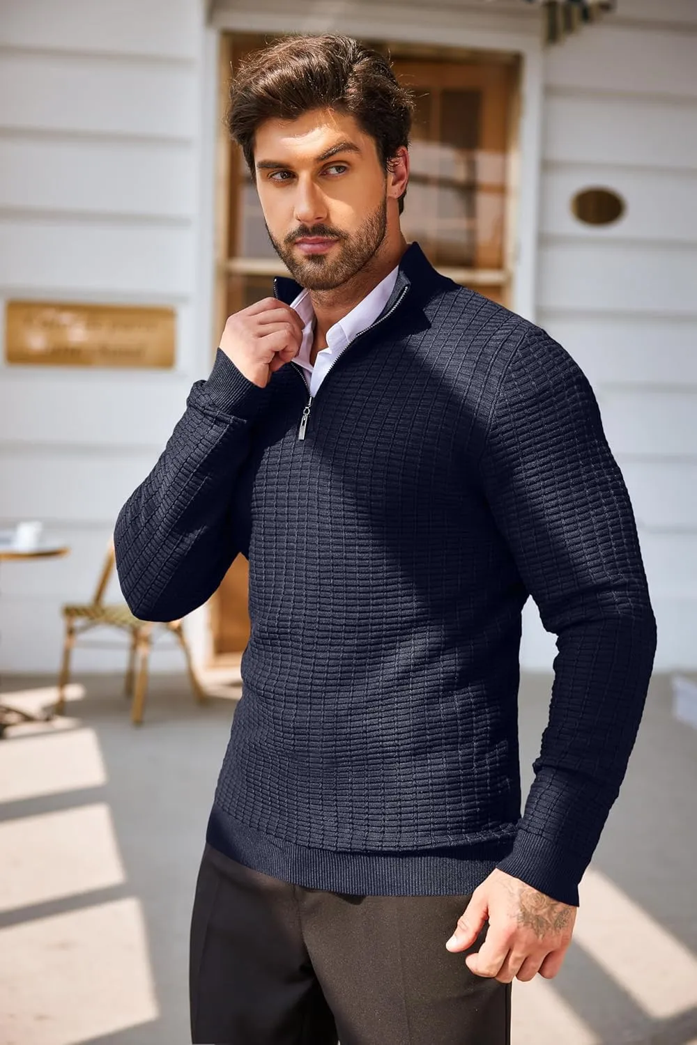 COOFANDY Men's Quarter Zip Sweaters Slim Fit Lightweight Cotton Knitted Casual Mock Neck Pullover Sweaters