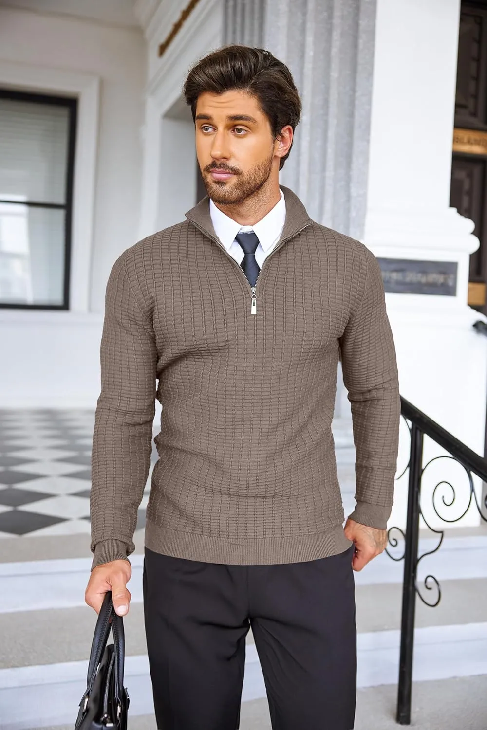 COOFANDY Men's Quarter Zip Sweaters Slim Fit Lightweight Cotton Knitted Casual Mock Neck Pullover Sweaters