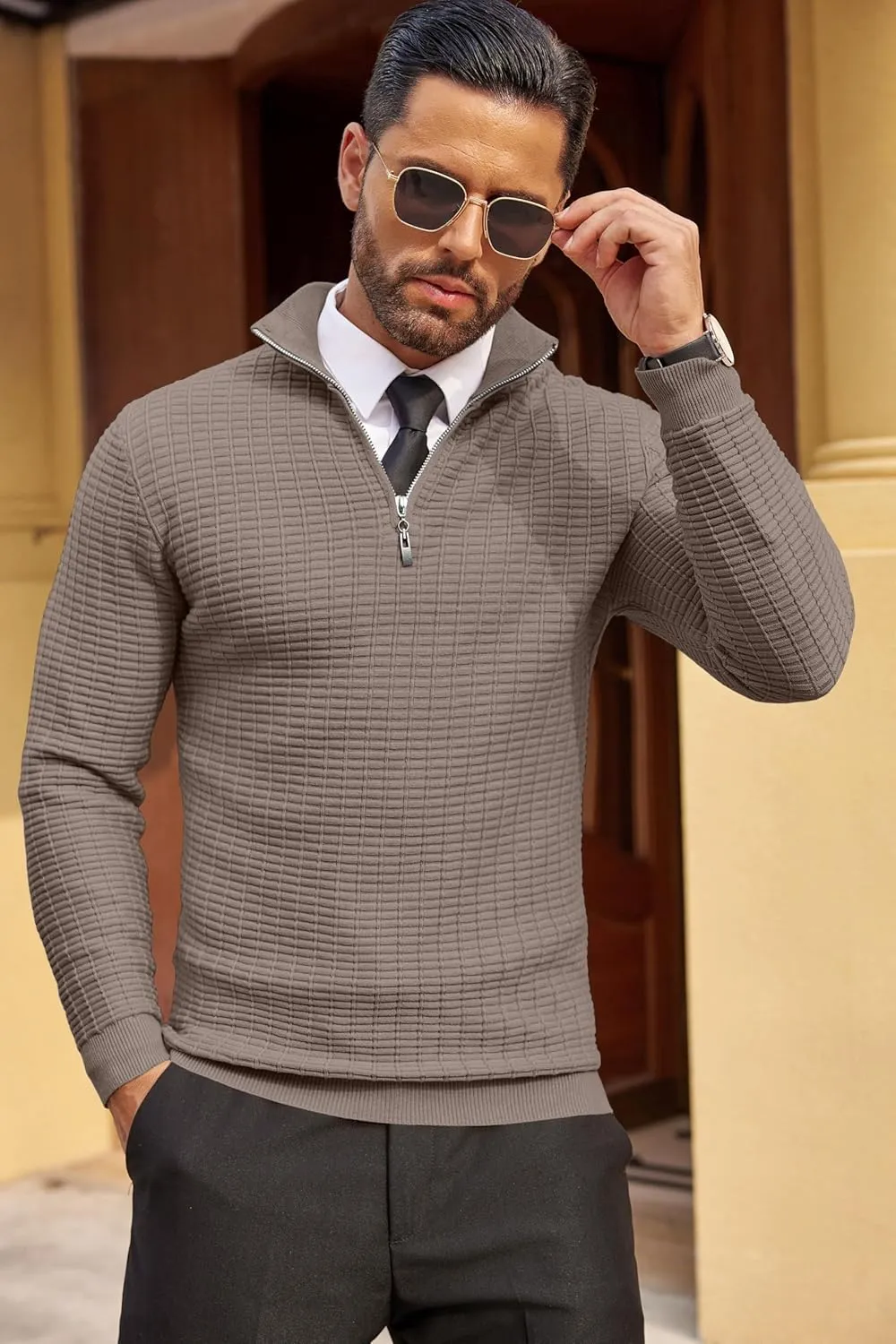 COOFANDY Men's Quarter Zip Sweaters Slim Fit Lightweight Cotton Knitted Casual Mock Neck Pullover Sweaters