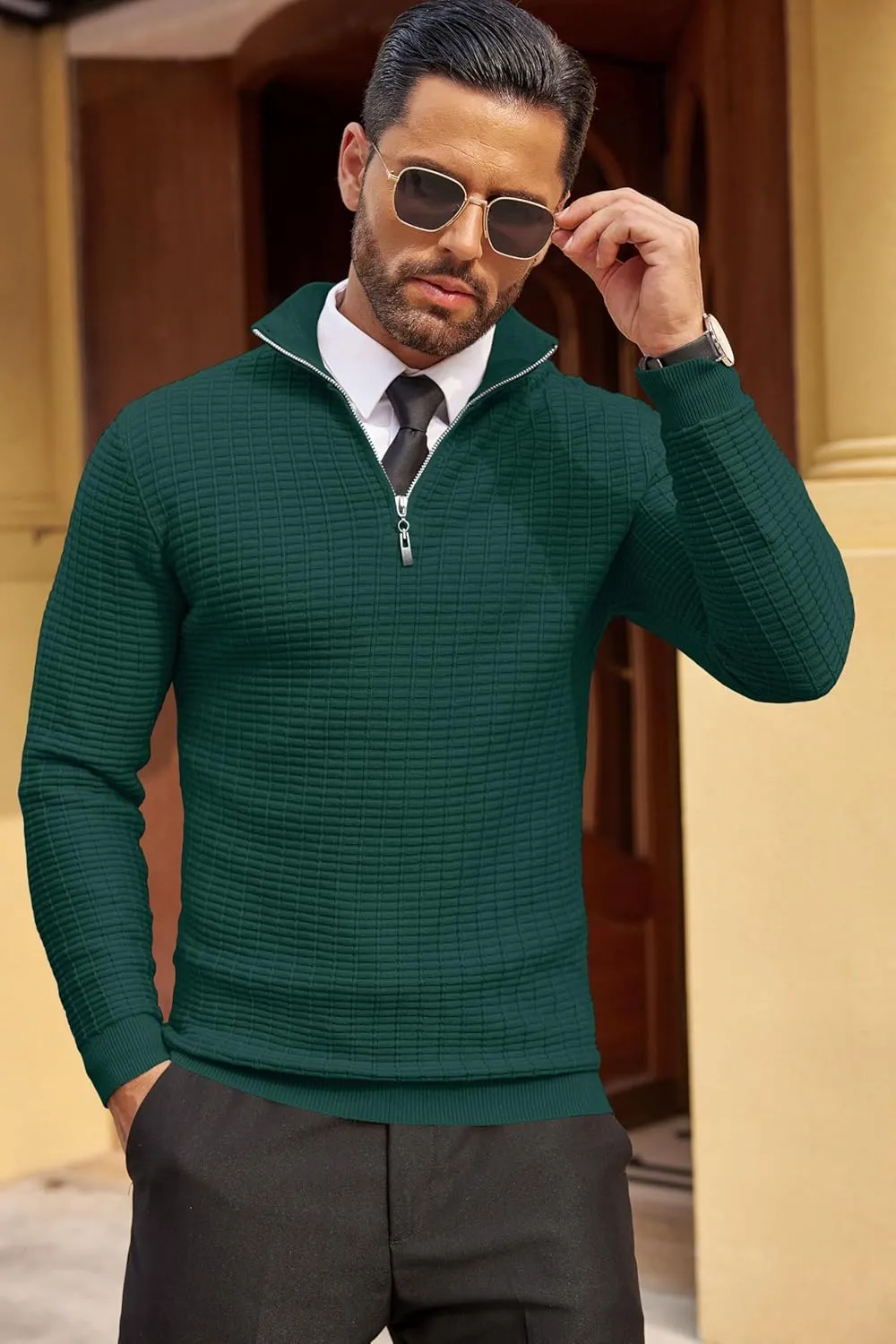 COOFANDY Men's Quarter Zip Sweaters Slim Fit Lightweight Cotton Knitted Casual Mock Neck Pullover Sweaters