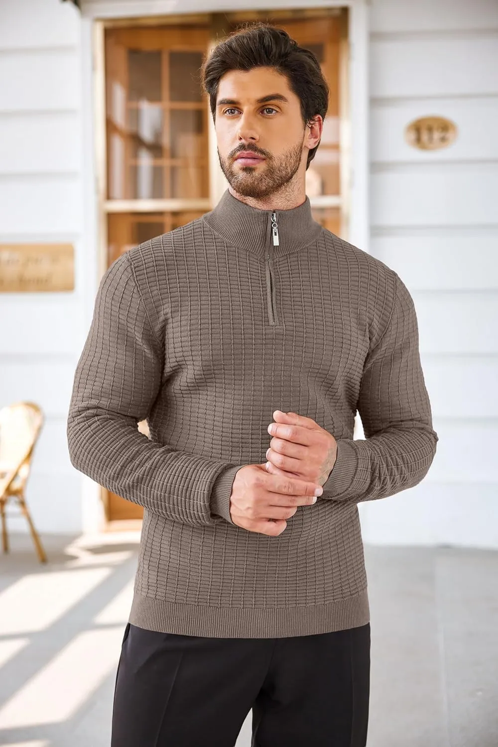 COOFANDY Men's Quarter Zip Sweaters Slim Fit Lightweight Cotton Knitted Casual Mock Neck Pullover Sweaters