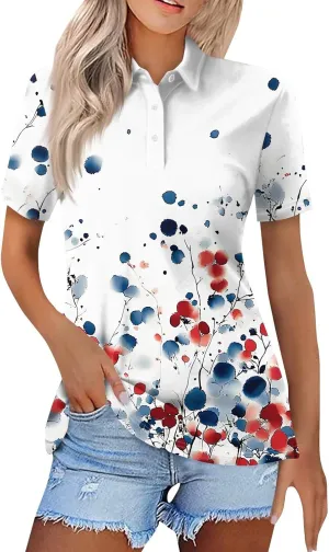 COTECRAM Womens Short Sleeve Polo T Shirts Fashion Button Lapel Collared Graphic Summer Tops Loose Business Casual Blouses