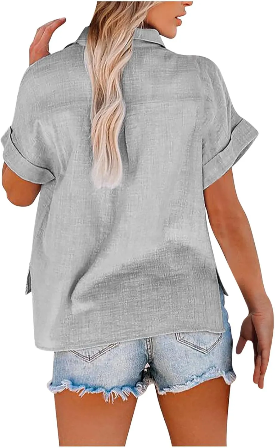 Cotton Linen Button Down Shirts for Women V Neck Collared Blouse Short Sleeve Business Work Tops Summer Gauze Shirt