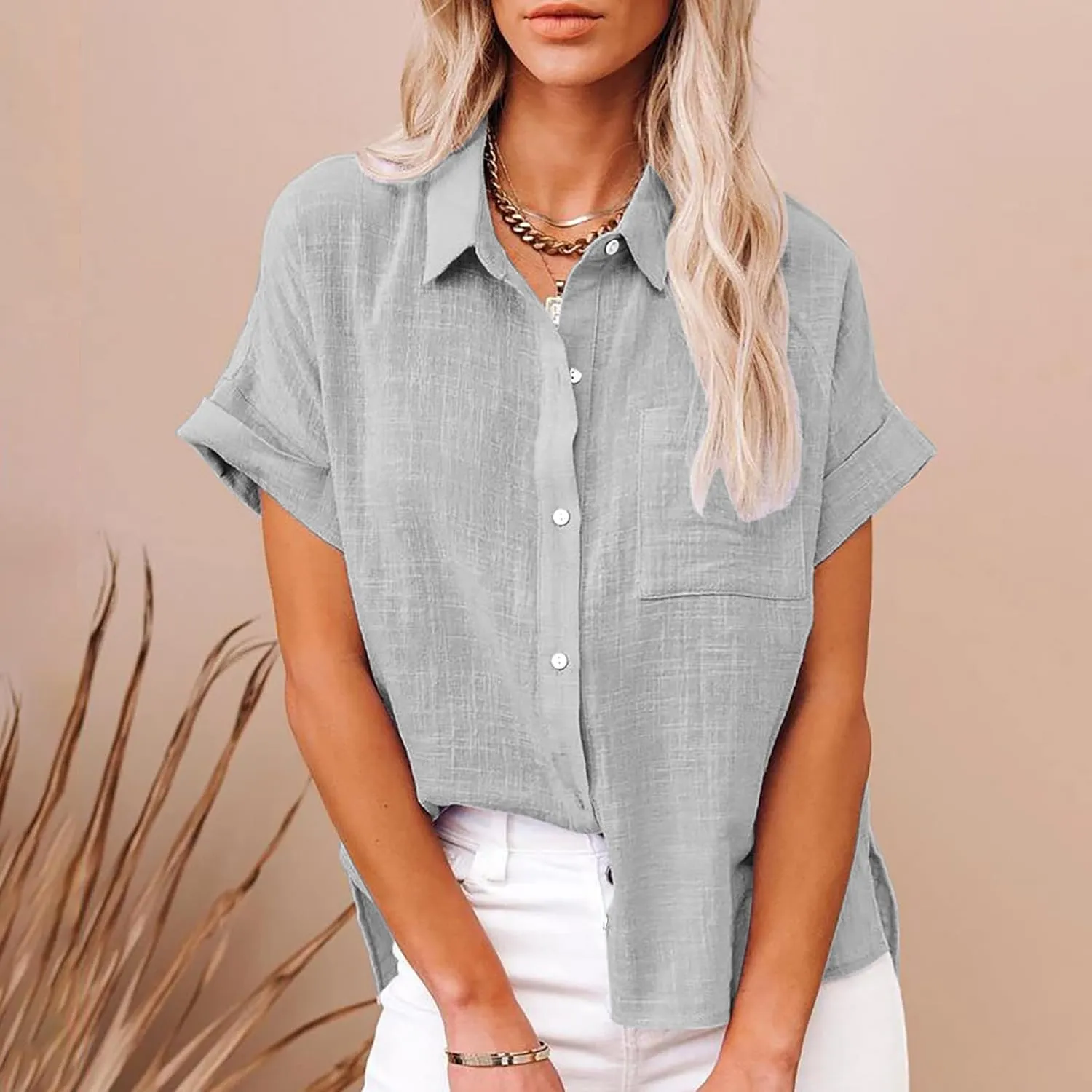 Cotton Linen Button Down Shirts for Women V Neck Collared Blouse Short Sleeve Business Work Tops Summer Gauze Shirt