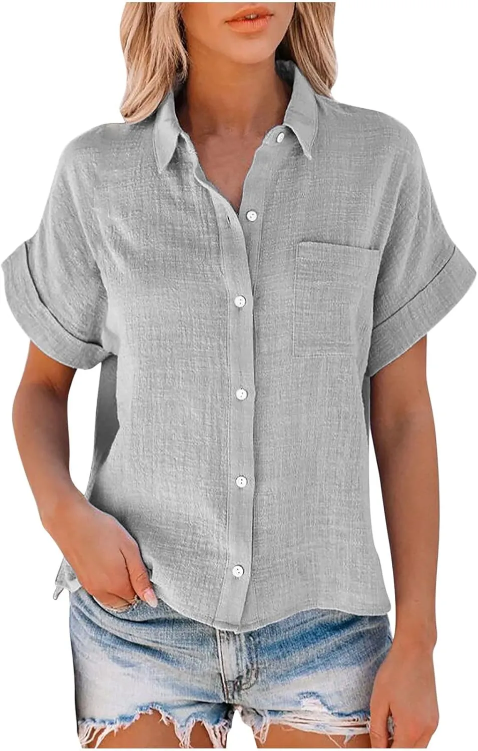 Cotton Linen Button Down Shirts for Women V Neck Collared Blouse Short Sleeve Business Work Tops Summer Gauze Shirt