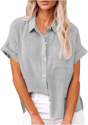 Cotton Linen Button Down Shirts for Women V Neck Collared Blouse Short Sleeve Business Work Tops Summer Gauze Shirt