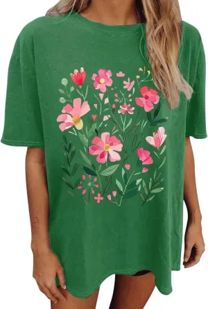 Cute Shirts for Women Y2K Oversized Boho Wildflowers Tshirt Vintage Floral Graphic Tees Summer Flower Tops