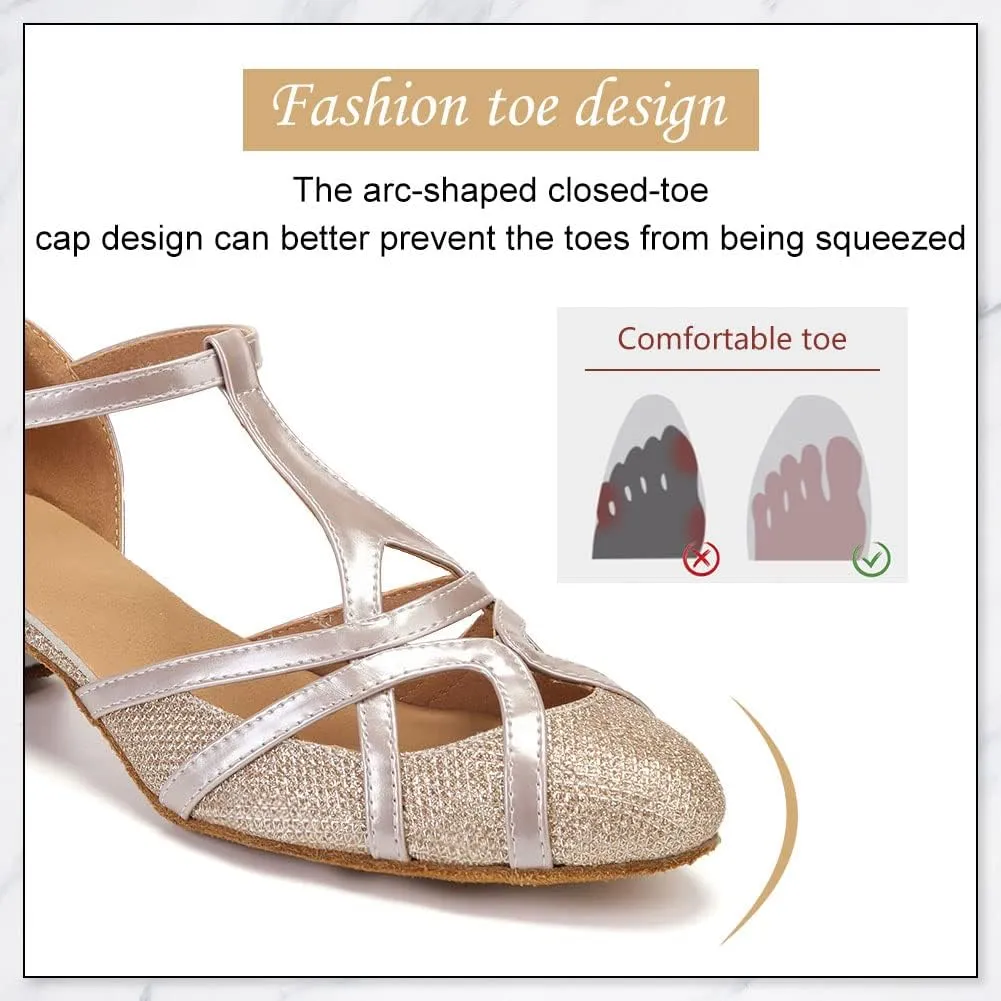 DKZSYIM Glitter Women Latin Dance Shoes Closed Toe Ballroom Salsa Tango Practice Performence Party Dancing Shoes,Model CMJ-511