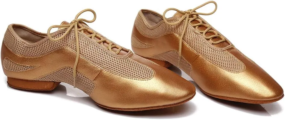 DKZSYIM Men's Leather Professional Latin Dance Shoes Ballroom Jazz Tango Waltz Performance Suede Sole Shoes with Net Surface Model YCL400