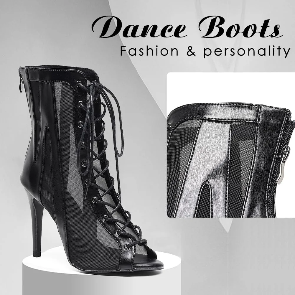 DKZSYIM Open Toe Dance Boots Women Latin Salsa Ballroom Lace-up Ankle Dance Shoes,Model QJW7259
