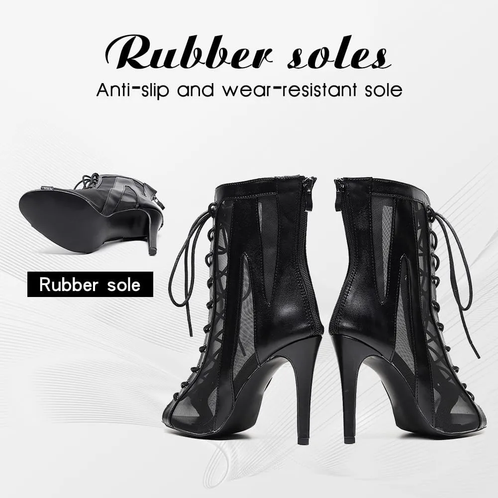 DKZSYIM Open Toe Dance Boots Women Latin Salsa Ballroom Lace-up Ankle Dance Shoes,Model QJW7259