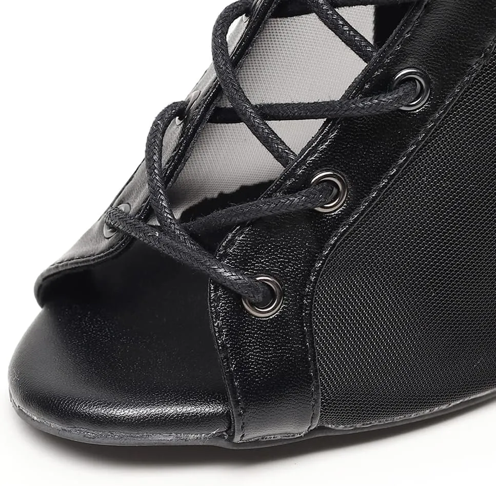 DKZSYIM Open Toe Dance Boots Women Latin Salsa Ballroom Lace-up Ankle Dance Shoes,Model QJW7259