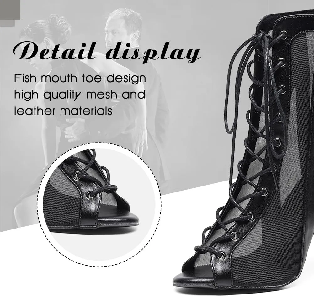 DKZSYIM Open Toe Dance Boots Women Latin Salsa Ballroom Lace-up Ankle Dance Shoes,Model QJW7259