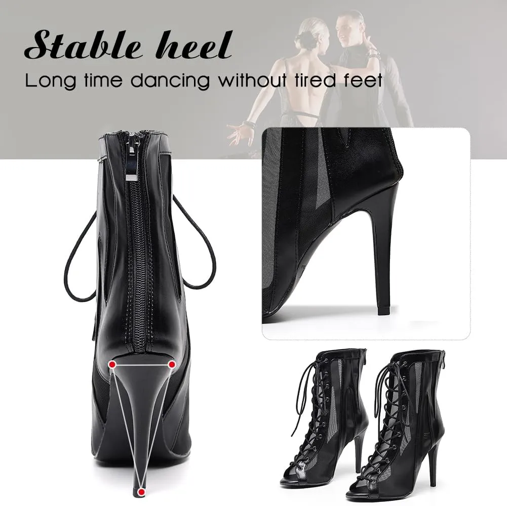 DKZSYIM Open Toe Dance Boots Women Latin Salsa Ballroom Lace-up Ankle Dance Shoes,Model QJW7259