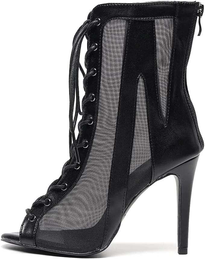 DKZSYIM Open Toe Dance Boots Women Latin Salsa Ballroom Lace-up Ankle Dance Shoes,Model QJW7259
