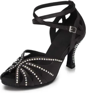 DKZSYIM Women's Latin Dance Shoes Ballroom Performance Rhinestone Ankle Dance Shoes,Model YCL162
