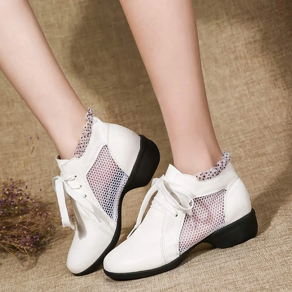 DKZSYIM Women's Leather Boost Dance Sneaker/Modern Jazz Ballroom Performance Dance-Sneakers Sports Shoes,Model YMJ1818