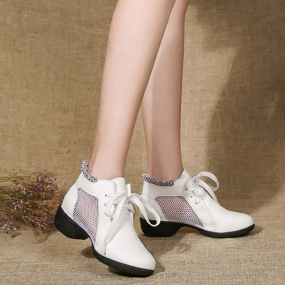 DKZSYIM Women's Leather Boost Dance Sneaker/Modern Jazz Ballroom Performance Dance-Sneakers Sports Shoes,Model YMJ1818