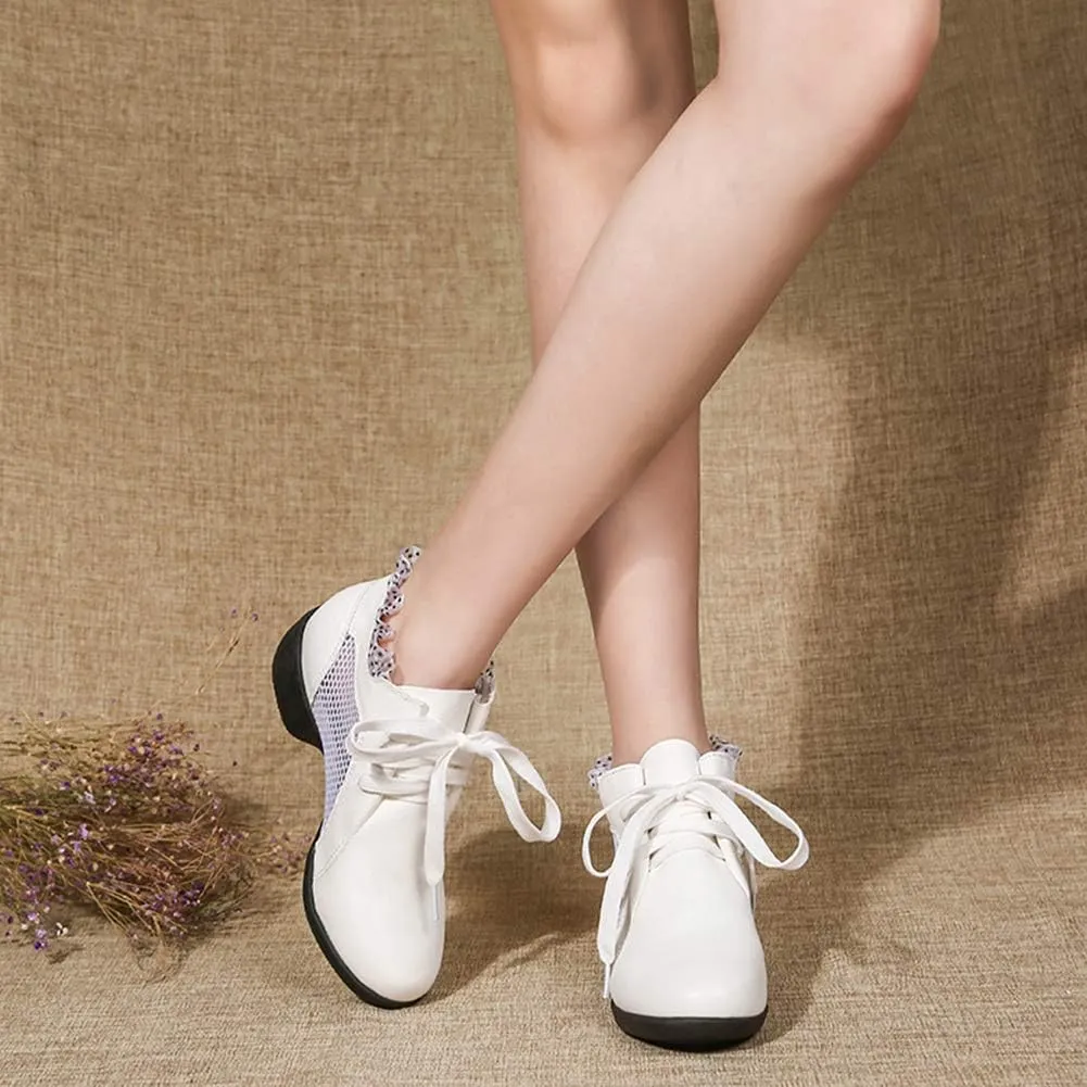 DKZSYIM Women's Leather Boost Dance Sneaker/Modern Jazz Ballroom Performance Dance-Sneakers Sports Shoes,Model YMJ1818