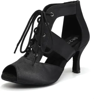 DKZSYIM Women's Open Toe Ankle Dance Boots Ballroom Lace-up Latin Salsa Dance Shoes,D43-Black-7.5,US 8.5