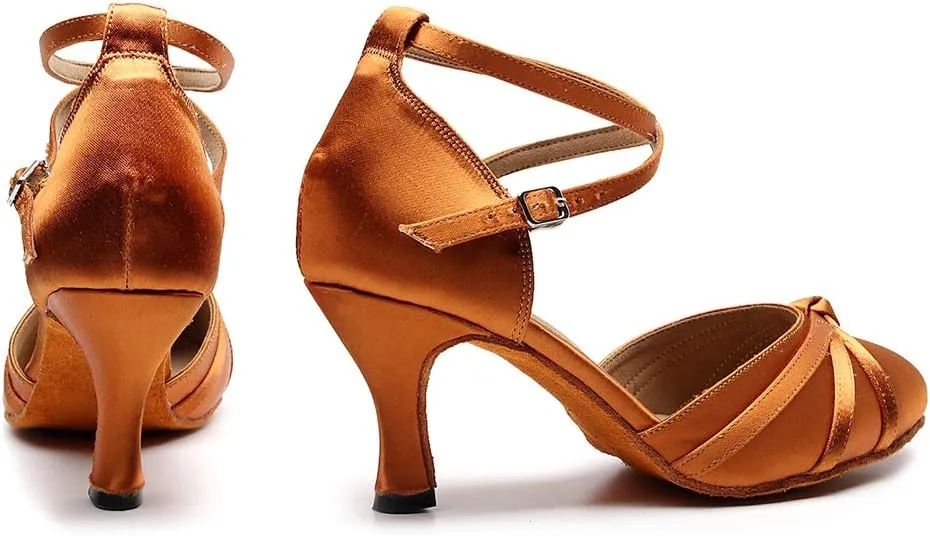 DKZSYIM Women's Satin Latin Dance Shoes Close Toe Ballroom Performance Dancing Shoes,Model QJW1003