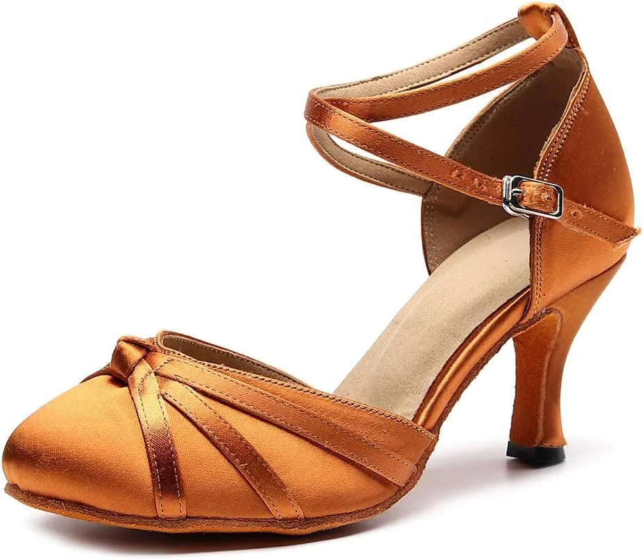 DKZSYIM Women's Satin Latin Dance Shoes Close Toe Ballroom Performance Dancing Shoes,Model QJW1003