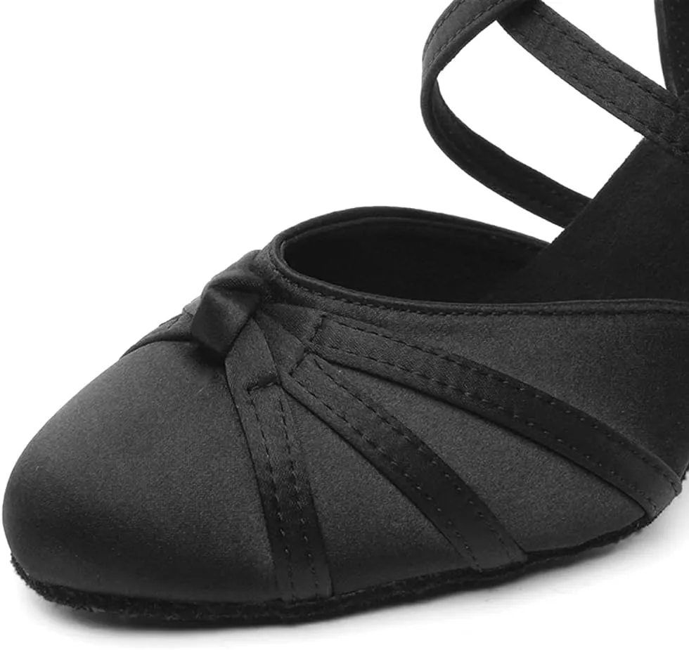 DKZSYIM Women's Satin Latin Dance Shoes Close Toe Ballroom Performance Dancing Shoes,Model QJW1003