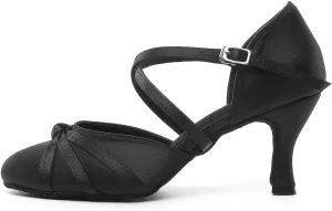 DKZSYIM Women's Satin Latin Dance Shoes Close Toe Ballroom Performance Dancing Shoes,Model QJW1003