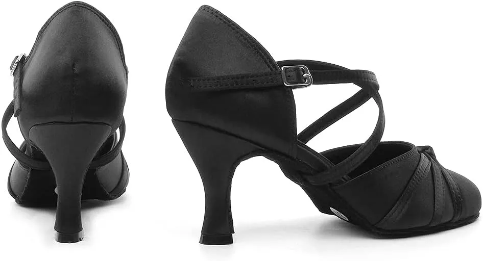 DKZSYIM Women's Satin Latin Dance Shoes Close Toe Ballroom Performance Dancing Shoes,Model QJW1003