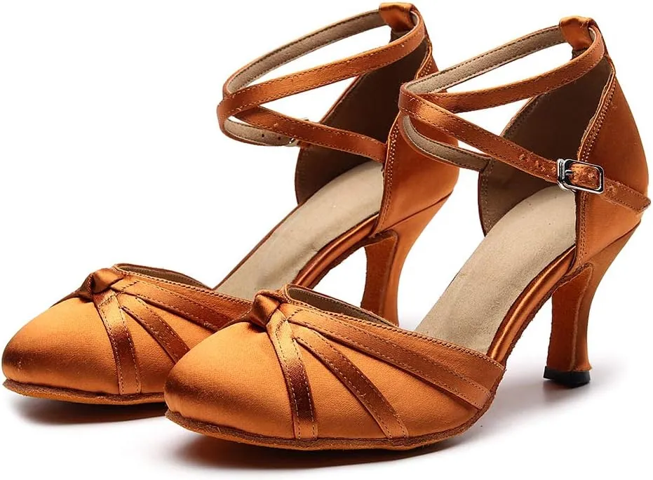 DKZSYIM Women's Satin Latin Dance Shoes Close Toe Ballroom Performance Dancing Shoes,Model QJW1003