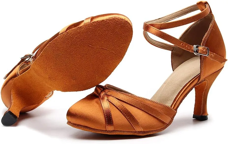 DKZSYIM Women's Satin Latin Dance Shoes Close Toe Ballroom Performance Dancing Shoes,Model QJW1003