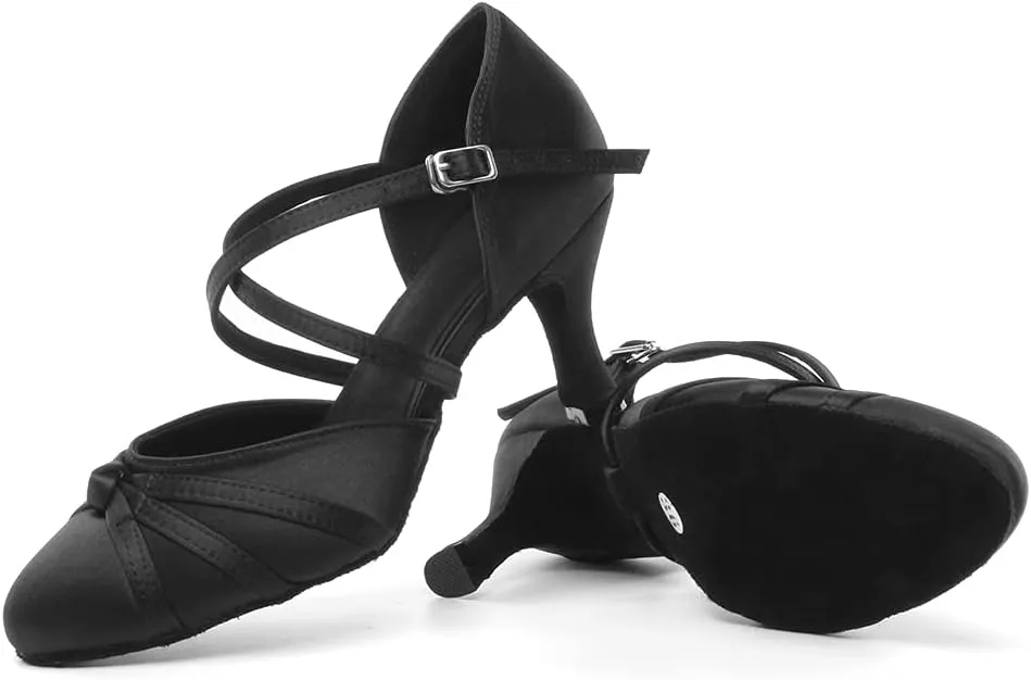 DKZSYIM Women's Satin Latin Dance Shoes Close Toe Ballroom Performance Dancing Shoes,Model QJW1003