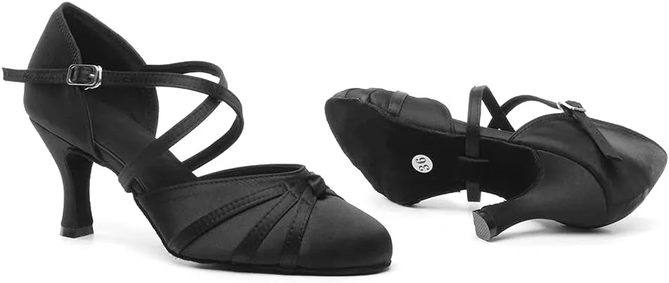 DKZSYIM Women's Satin Latin Dance Shoes Close Toe Ballroom Performance Dancing Shoes,Model QJW1003