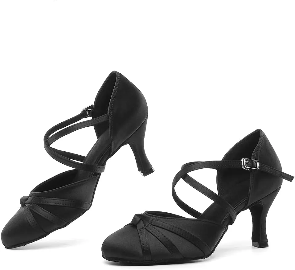 DKZSYIM Women's Satin Latin Dance Shoes Close Toe Ballroom Performance Dancing Shoes,Model QJW1003