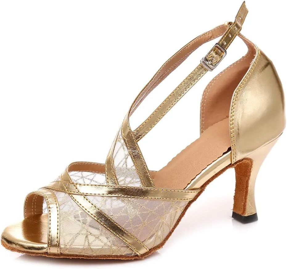 DKZSYIM Women's Satin Latin Practice Dance Shoes Ballroom Suede Sole Wedding Performance Dance Shoe,Model NU230
