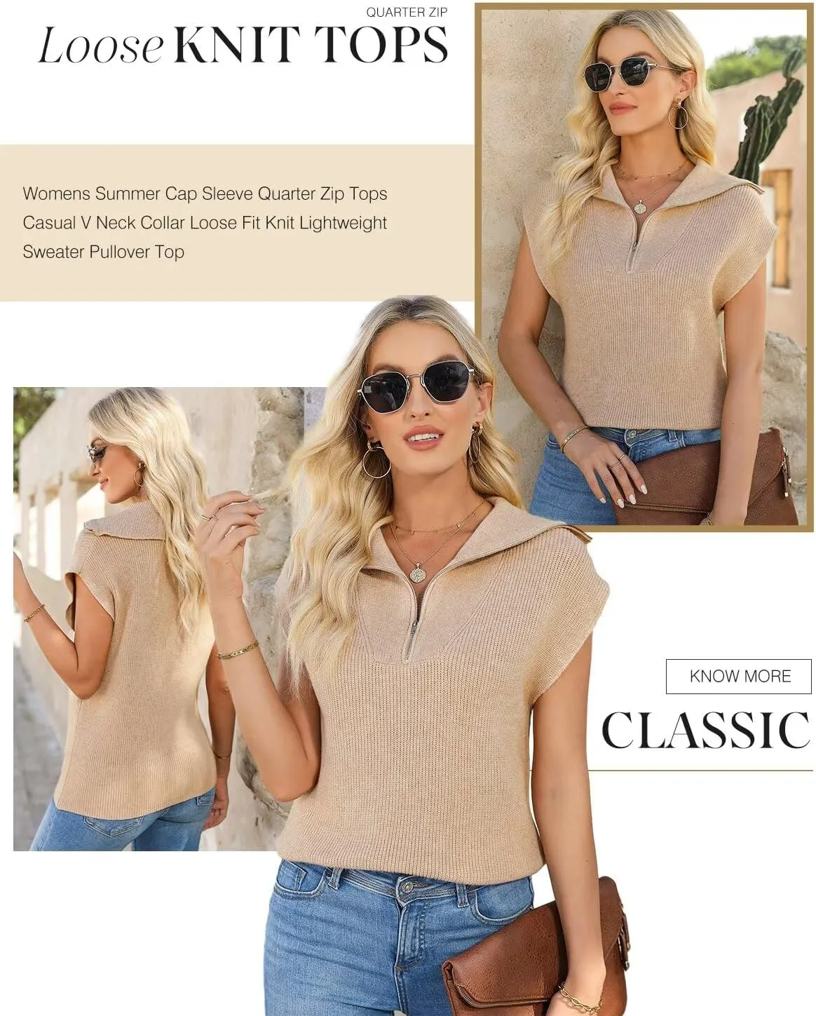 Dokotoo Women's Casual Sleeveless Half Zip Pullover Sweaters Solid V Neck Collar Ribbed Knitted Loose Sweaters