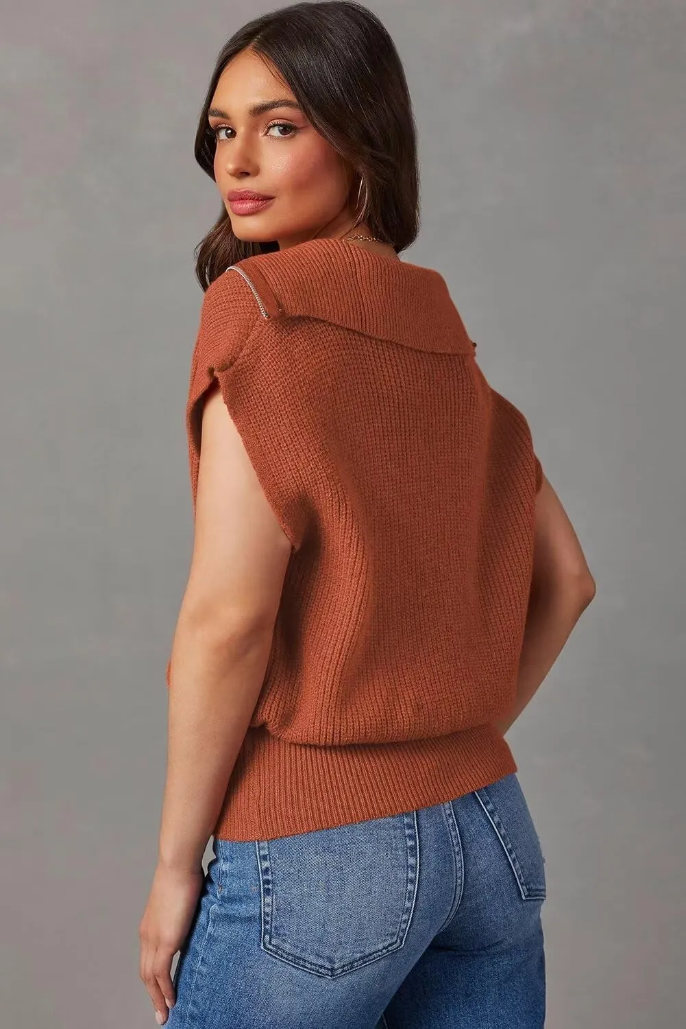 Dokotoo Women's Casual Sleeveless Half Zip Pullover Sweaters Solid V Neck Collar Ribbed Knitted Loose Sweaters