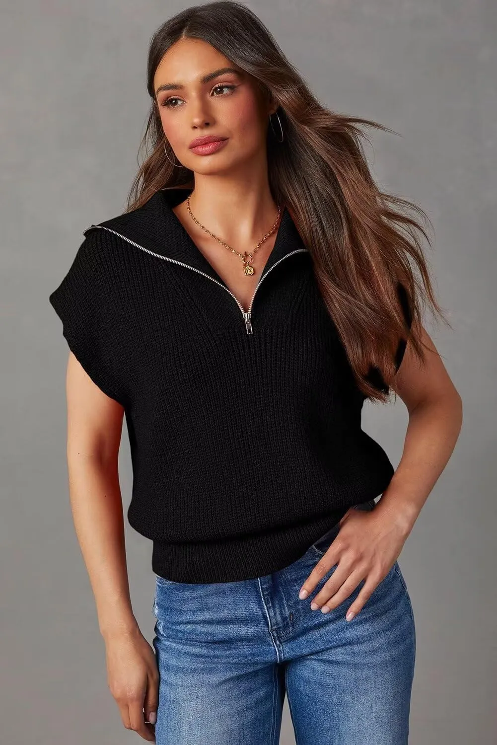 Dokotoo Women's Casual Sleeveless Half Zip Pullover Sweaters Solid V Neck Collar Ribbed Knitted Loose Sweaters