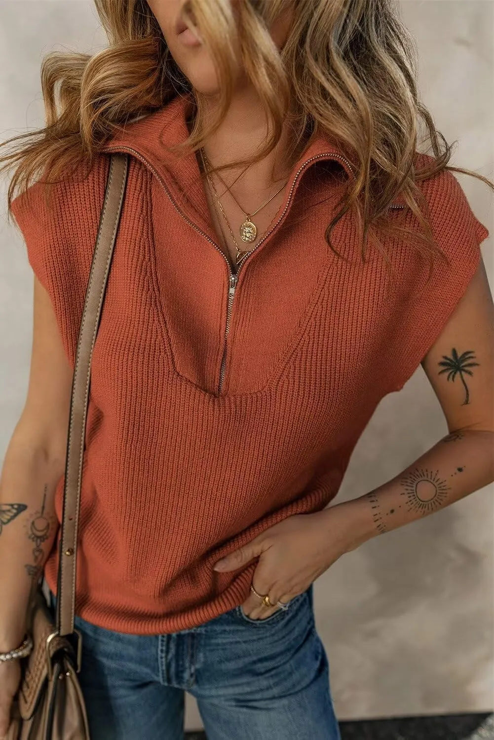 Dokotoo Women's Casual Sleeveless Half Zip Pullover Sweaters Solid V Neck Collar Ribbed Knitted Loose Sweaters