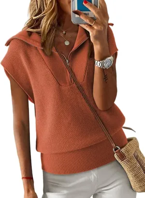 Dokotoo Women's Casual Sleeveless Half Zip Pullover Sweaters Solid V Neck Collar Ribbed Knitted Loose Sweaters