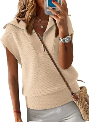 Dokotoo Women's Casual Sleeveless Half Zip Pullover Sweaters Solid V Neck Collar Ribbed Knitted Loose Sweaters
