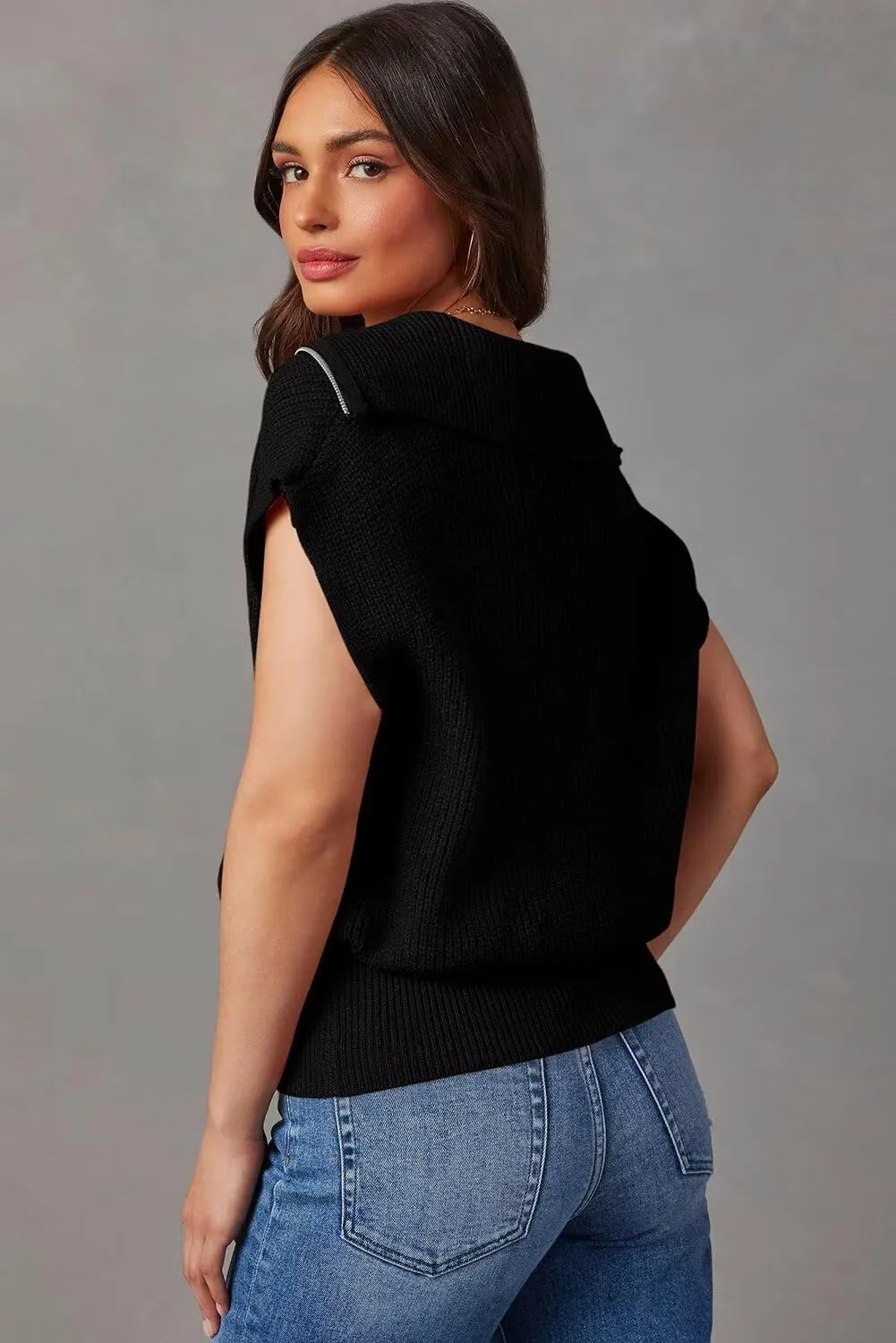 Dokotoo Women's Casual Sleeveless Half Zip Pullover Sweaters Solid V Neck Collar Ribbed Knitted Loose Sweaters