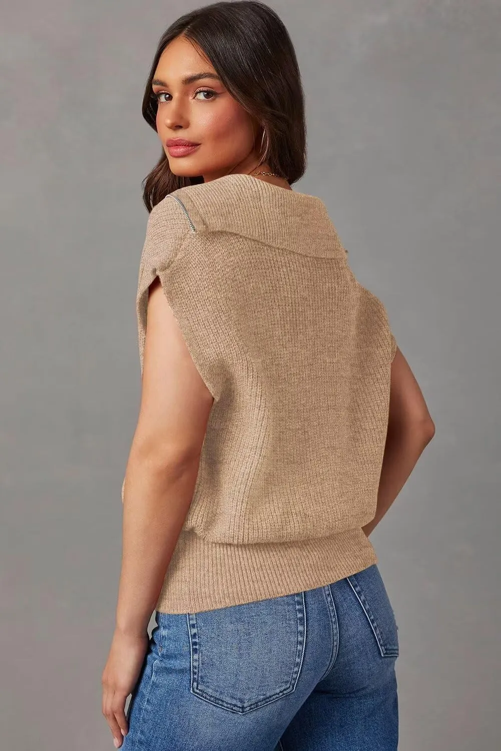 Dokotoo Women's Casual Sleeveless Half Zip Pullover Sweaters Solid V Neck Collar Ribbed Knitted Loose Sweaters