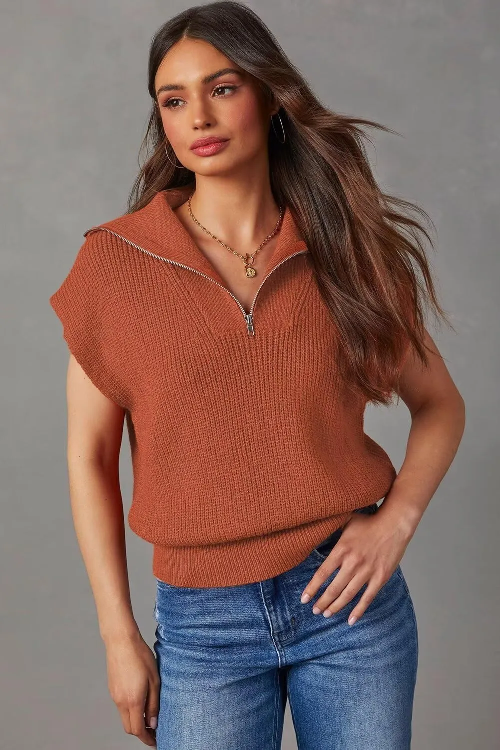 Dokotoo Women's Casual Sleeveless Half Zip Pullover Sweaters Solid V Neck Collar Ribbed Knitted Loose Sweaters
