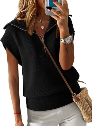 Dokotoo Women's Casual Sleeveless Half Zip Pullover Sweaters Solid V Neck Collar Ribbed Knitted Loose Sweaters