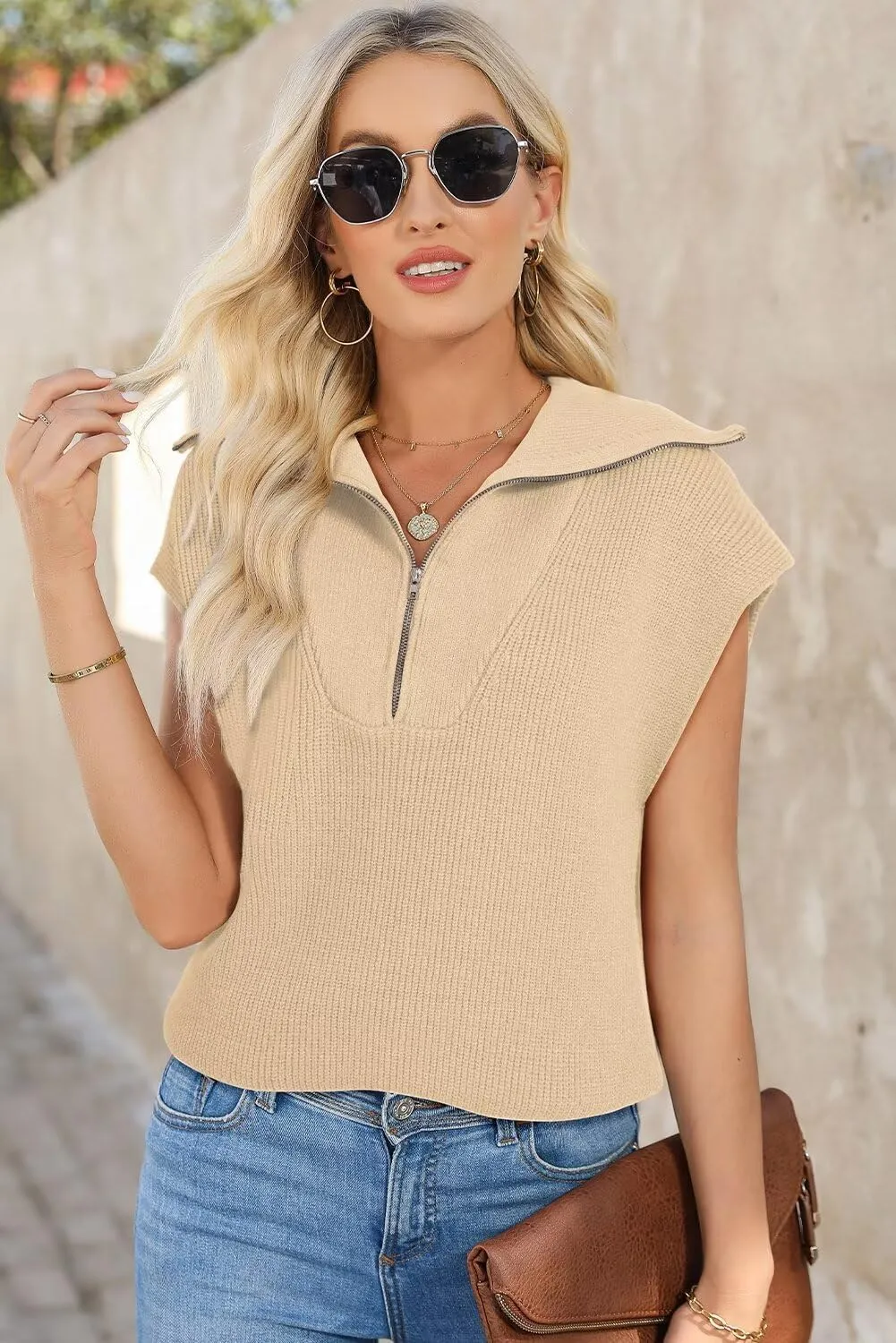 Dokotoo Women's Casual Sleeveless Half Zip Pullover Sweaters Solid V Neck Collar Ribbed Knitted Loose Sweaters