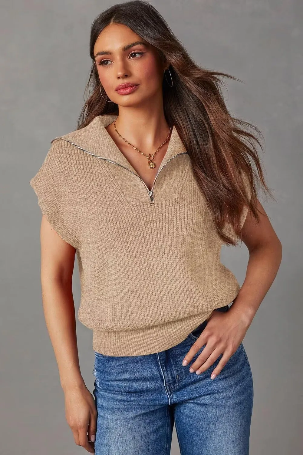 Dokotoo Women's Casual Sleeveless Half Zip Pullover Sweaters Solid V Neck Collar Ribbed Knitted Loose Sweaters